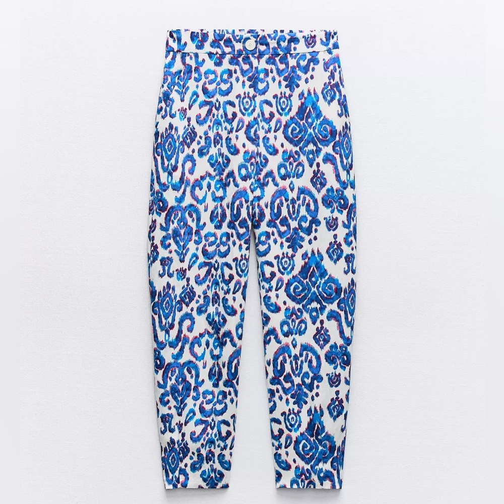 Blue and White tapered printed  Pants
